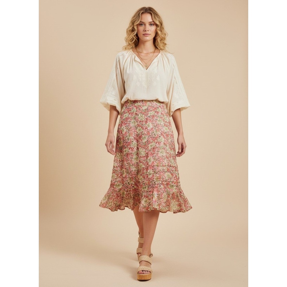 April Cornell Pink Floral Beaded Ruffle Hem Rayon Midi Skirt Large